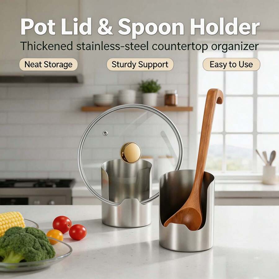 1PC Thickened Stainless‑Steel Pot Lid Holder, Multifunctional Countertop Kitchen Utensil Rack, Spoon Rest & Cutting Board Storage Organizer, Space‑Saving Household Kitchen Accessory For Countertop Cooking Tool Daily Storage & Arrangement Home Use