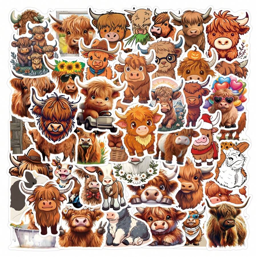 55Pcs Highland Cattle Stickers Pack | Beautiful Pattern Stickers, Vintage Decorative Decals Bottles, Decorative Paper, Journaling, Laptop, Bumper, Skateboard, Scrapbook, Suitcase, Refrigerator, Plan Book, Keyboard, Car Sticker - Highland Cow - View 1