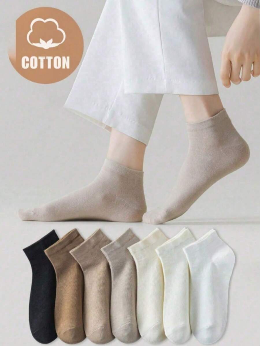 7 Pairs Women's And Men's Solid Color Spring/Autumn Simple Versatile Plus Size Fashion Ankle Socks 1/3/5/10/20pairs - Multicolor - View 1