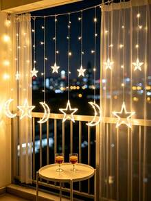 1PC 138LED Moon Star Curtain Fairy Lights, USB Operated 8 Lighting Modes Warm White String Light, Indoor Window Wall Decor For Holiday Birthday Party - Warm Light - View 3