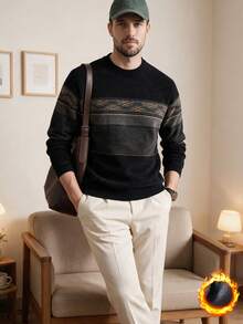 Men's Blue Striped Chenille Knitted Sweater, Thermal Lined, Thick For Winter - Black - View 4
