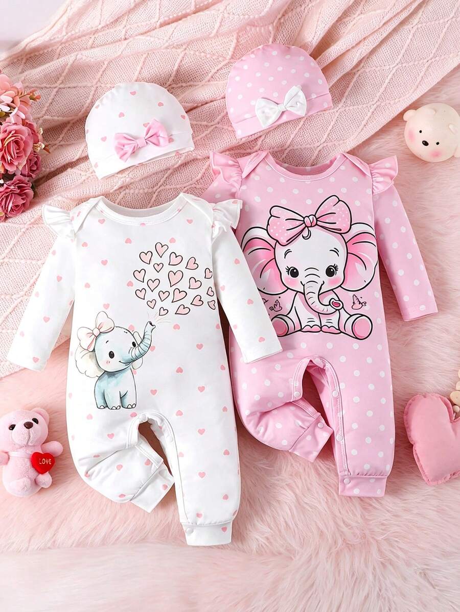 Bhchntiy 2pcs Baby Girl Autumn/Winter New Elephant, Heart And Polka Dot Print Rompers And 2pcs Bowknot Headbands - Multicolor - View 1