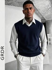 GRDR Men's Solid Color V-Neck Casual Versatile Knitted Vest - Navy Blue - View 2