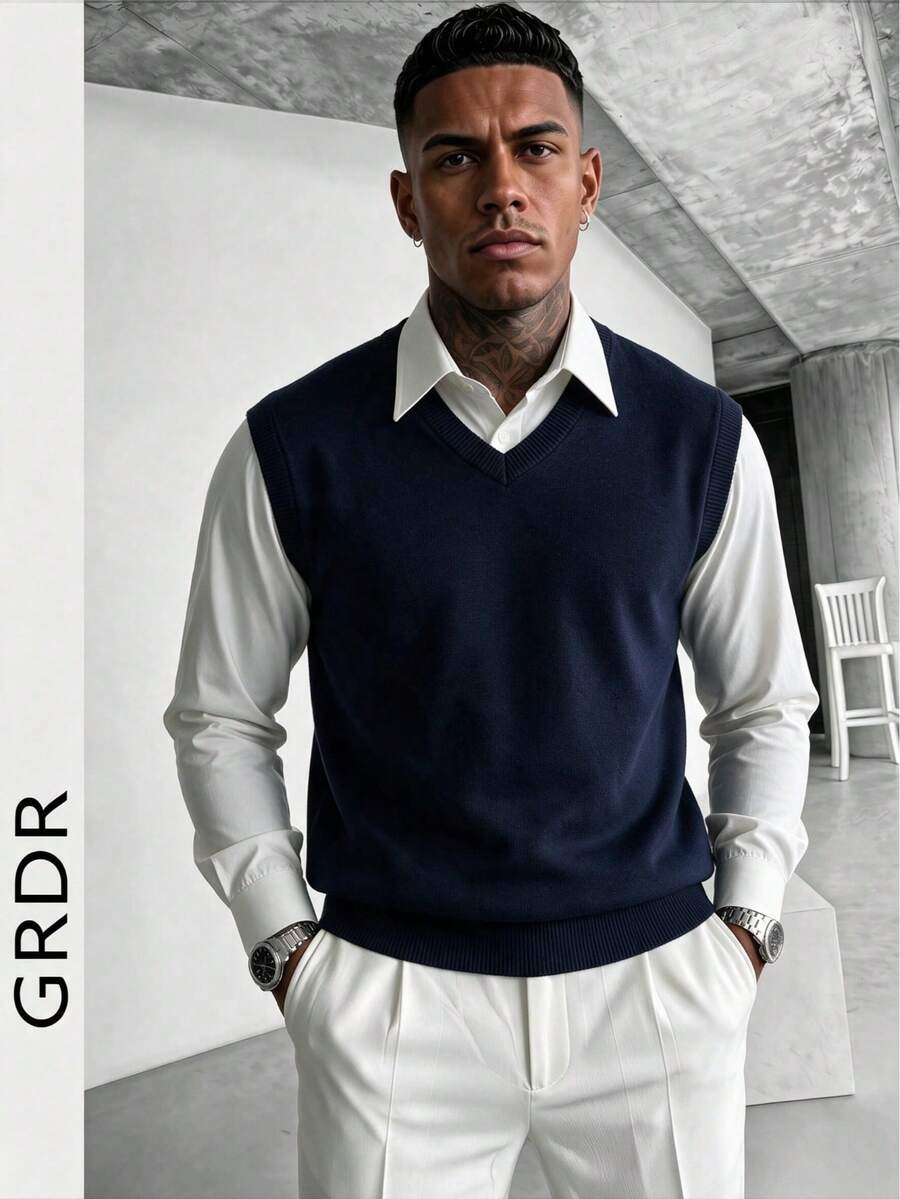 GRDR Men's Solid Color V-Neck Casual Versatile Knitted Vest