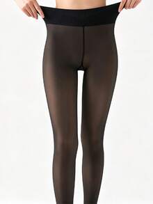 1 Pair Women's Black Thermal Lined Tights, Minimalist Leggings, Suitable For Various Occasions - Black - View 10