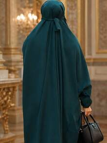Full-Cover One-Piece Jilbab Abaya, Solid Color Loose Fit With Attached Headscarf, Middle Eastern Women's Minimalist Commuter Cover-Up - Green - View 2