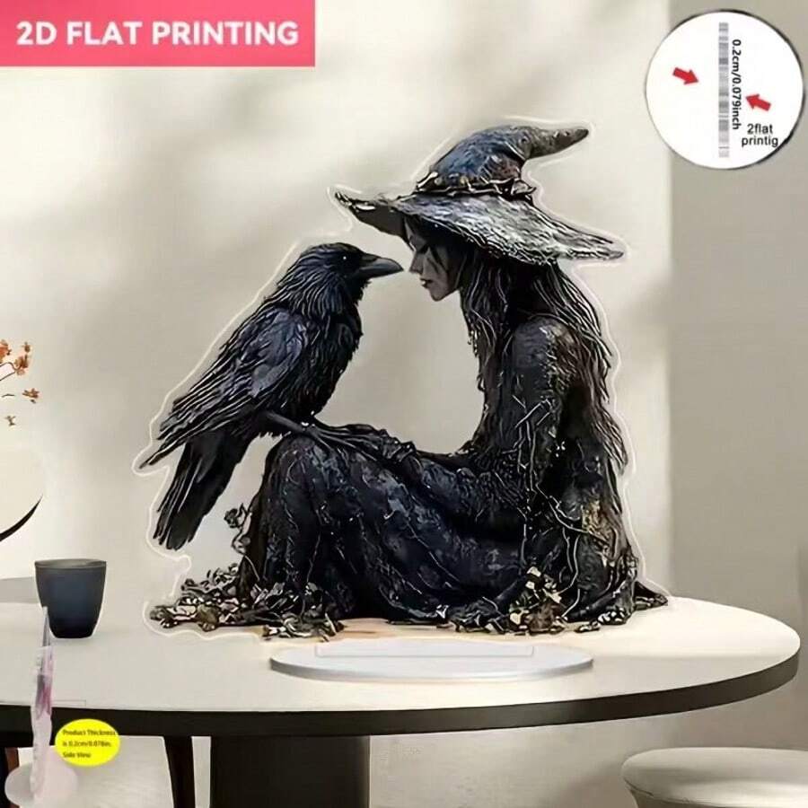 Dekorasi Meja Akrilik Penyihir & Gagak - Dekorasi Halloween Gaya Bohemian, Dicetak Datar 2D, Desain Terinspirasi Alam, Cocok Untuk Rumah, Kantor Atau Kedai Kopi - Tidak Membutuhkan Daya - A - View 1