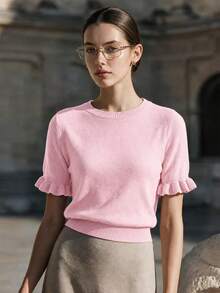 Women's Casual Solid Color Round Neck Ruffle Short Sleeve Loose Fit T-Shirt, Spring/Summer Style, Suitable For Dating And Daily Wear - Pink - View 7