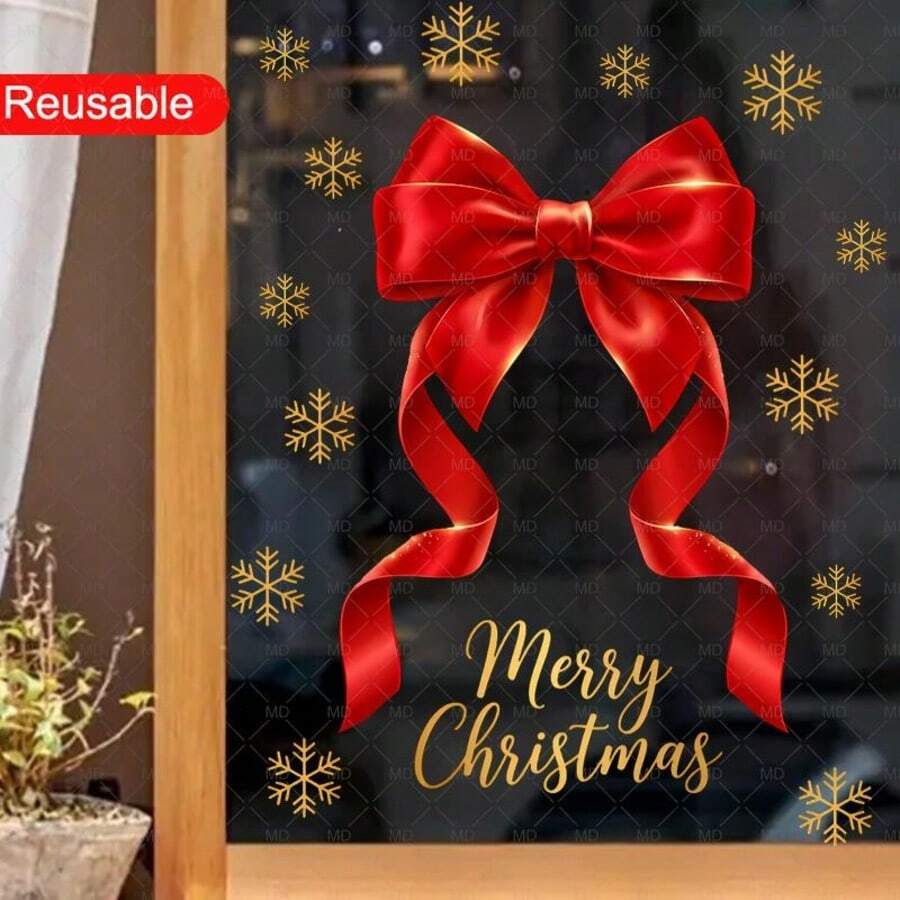 1pc Large Red Bow Merry Christmas Snowflake Window Sticker Static Cling No Glue Reusable Removable Waterproof For Living Room Kitchen Window Glass Door And Holiday Home Decor With Detailed Colorful Printed Artwork Smooth Surface Long Lasting