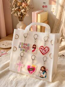 1pc/6pcs Christian Faith Jesus Cute Graphic Acrylic Keychains, Includes Colorful Vintage Letter Collage "JESUS LOVES YOU" Block, Open Arms Cartoon Jesus Wearing "Jesus Loves You" Red Strap, Irregular Shaped Pendant - Multicolor - View 4
