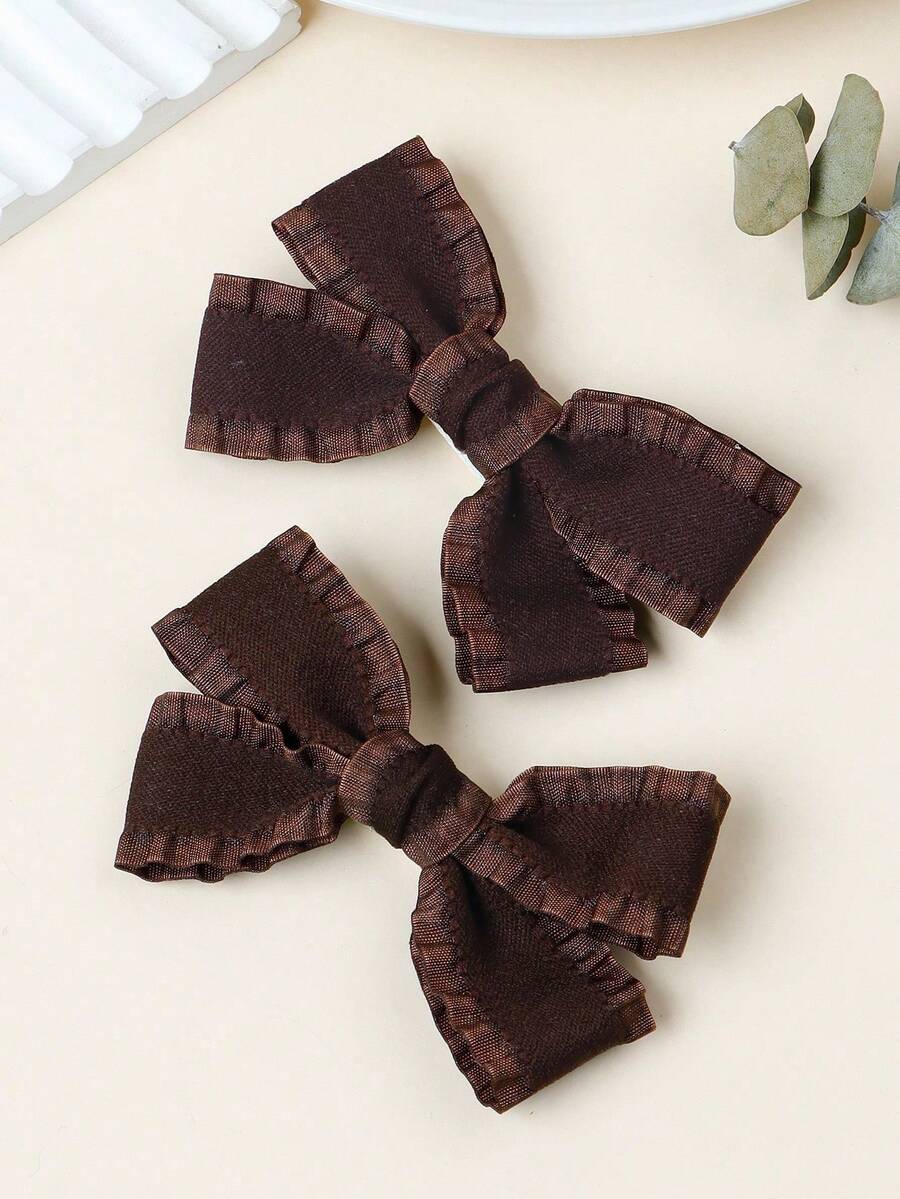 2PCS Elegant Brown Hair Clips Girls And Women Cottagecore Ruffle Bow Side Clips French Vintage Bow Hair Clips For Women Autumn Winter Hair Accessories - Brown - View 1