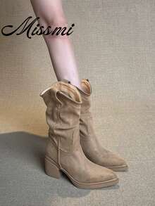 Women's 2026 New Tassel Tall Boots, Retro Wasteland Style Chunky Heel Knee-High Slouchy Riding Boots - Brown - View 1