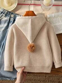 Baby Boy Cute Solid Color Pom Pom Hooded Cardigan Sweater, Long Sleeve Knit, Suitable For Casual Daily Wear In Spring, Autumn And Winter - Brown - View 4