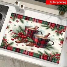 1PC Red‑Green Christmas Coffee Cup Print Diatomite Absorbent Welcome Mat, Non‑Slip Small Floor Rug, Christmas Decor Mat For Stovetop Coffee Machine Water Bar Counter, Indoor Outdoor Front Door Kitchen Home Decor - Multicolor - View 7