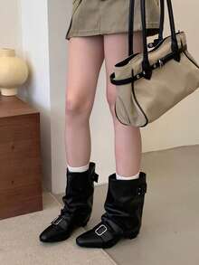 French Blogger Style Pointed Toe Wide Shaft Knee-High Boots, Nordic Kitten Heel Riding Boots For Women, Ins Style - Black - View 2