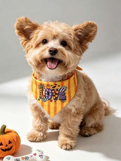LUCKIE PAW 1pc Halloween English Slogan LOVE Yellow Orange Striped Funny Pattern Pet Bandana Dog Scarf Triangle Necktie Cat Scarf Supplies Suitable For Teddy Bichon Small Cat Dog Indoor Outdoor Decorative Collar