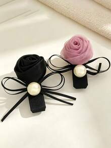 1pc Vintage Elegant 3D Rose Faux Pearl Hair Clip Spring Clamp Bow Half-Up Bun Clip Hair Accessory For Women - Multicolor - View 2