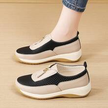 Women's Perforated Breathable Front Zipper Casual Sports Shoes, Patchwork Design, Wedge Heel Thick Sole, Home Daily Commute Shoes - Black Brown - View 10