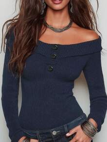 Women's French Style Off-Shoulder Knit Pullover Sweater, Cold Shoulder Turn-Down Collar Button Fitted Ribbed Sweater, Versatile Slimming Long Sleeve Base Layer Top For Autumn/Winter, Commuter Elegant Innerwear/Outerwear - Royal Blue - View 5