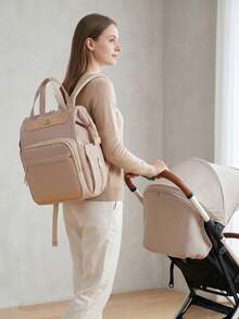 1pc Diaper Bag Backpack – Essential Baby Travel Bag – Multifunctional Waterproof Diaper Bag, Travel Essential Baby Bag, Large Capacity Diaper Bag, Diaper Pouch, Stroller Strap, – Unisex Large Capacity Diaper Bag Diaper Pouch Backpack - Khaki - View 10