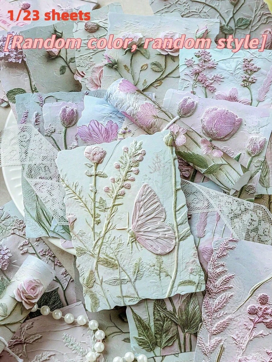 1/23pcs Vintage Botanical Floral Leaf DIY Scrapbook Background Paper, Background Paper, Planner Material Paper, Children's Material Paper, Paper Products, Floral Theme, Back To School Season, Random Style. - Multicolor - View 1