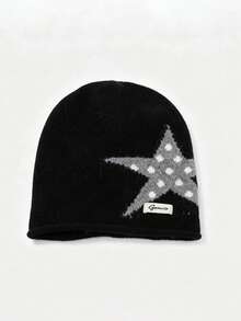 1pc Women's Autumn/Winter New Knit Beanie Hat, Large Head Circumference, Face-Slimming, Warm, Black Slouchy Hat With Five-Point Star Design - Multicolor - View 7