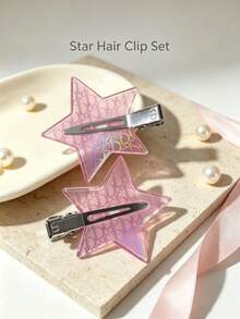 DIOR Pink Sweet Vintage Floral Star Hair Clip Letter Print Five-Pointed Star Seamless Hair Clip For Women Acrylic Metal Alligator Hair Clip Makeup Face Washing Styling Fixing Bangs Side Clip 2pcs/Set - View 1