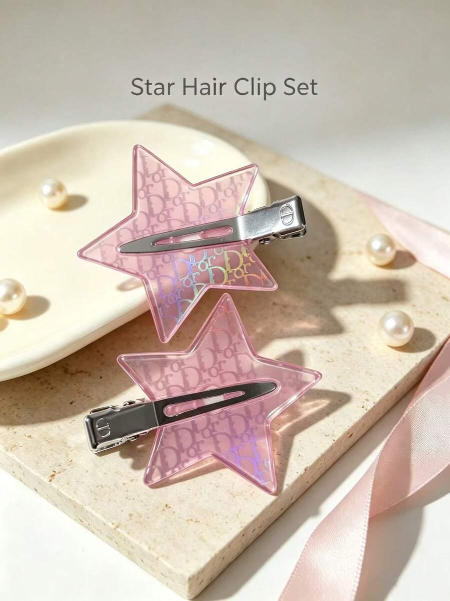DIOR Pink Sweet Vintage Floral Star Hair Clip Letter Print Five-Pointed Star Seamless Hair Clip For Women Acrylic Metal Alligator Hair Clip Makeup Face Washing Styling Fixing Bangs Side Clip 2pcs/Set - View 1