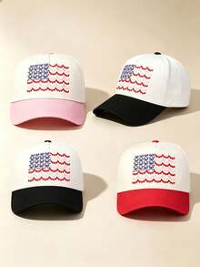 1pc Unisex Two‑Tone Curved Brim Baseball Cap, Wavy Ruffle US Flag Embroidery, Contrast Color Brim, Adjustable, For Holiday, Daily, Outdoor,Travel Wear - Multicolor - View 3