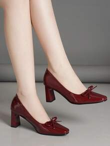 Fashionable Chunky Heel Pointed Toe Low Shaft Women's High Heels, Versatile Office Commute Pumps - Burgundy - View 2