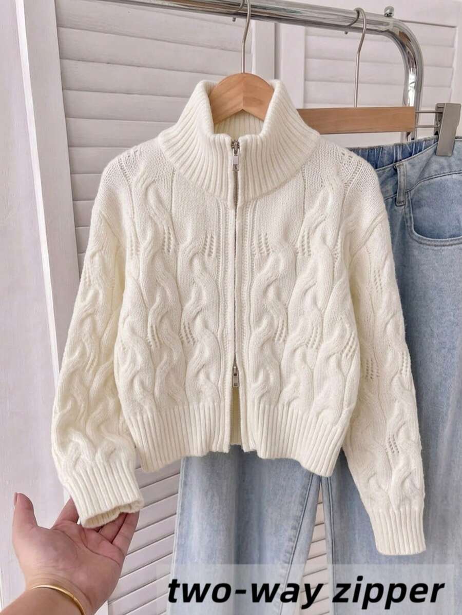 Tween Girl Girls' Double Zipper European Style Solid Color Cable Knit Hollow Out Short Cardigan Long Sleeve Suitable For Daily Casual Spring Autumn Winter - Apricot - View 1
