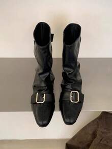 French Blogger Style Pointed Toe Wide Shaft Knee-High Boots, Nordic Kitten Heel Riding Boots For Women, Ins Style - Black - View 5