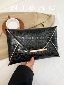 Crocodile Texture Stone Texture Minimalist Fashion Casual PU Solid Color Clutch Bag Envelope Bag - Black - View 1