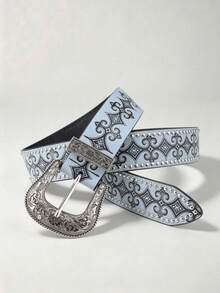 Medieval Style Vintage Leather Belt With Viking Style Pattern And Rivet Decoration, Nostalgic Punk Style, Suitable For Various Occasions. Diamond Grid Court Style PU (Polyurethane) Women's Belt For All Seasons - Light Grey - View 5