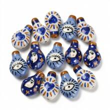 6pcs Hand-Painted Ceramic Beads - Mixed "Evil Eye", Heart And Moon Patterns, Vertical Hole Decorative Beads; Suitable For DIY Bracelets, Necklaces And Bohemian Style Jewelry Making. - Color Mixing - View 1