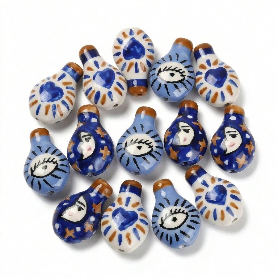 6pcs Hand-Painted Ceramic Beads - Mixed "Evil Eye", Heart And Moon Patterns, Vertical Hole Decorative Beads; Suitable For DIY Bracelets, Necklaces And Bohemian Style Jewelry Making. - Color Mixing - View 1