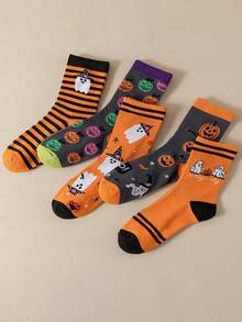 5 Pairs Vintage Striped Halloween Mid-Calf Socks, Ghost Witch Hat Pumpkin All-Over Print Socks, Halloween Party Atmosphere Outfit Socks - Multicolor - View 5