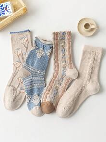 4 Pairs Women's Mid-Calf Socks, Early Autumn New Vintage 3D Floral Embossed Textured Long Socks, Artistic Girl Slouch Socks, Random Assortment - Multicolor - View 5
