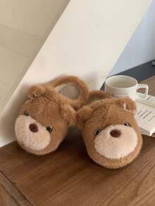 XIXITIAO Cute Big‑Eye Bear Fuzzy House Slippers, Warm Plush Couple Winter Cozy Indoor Home Slippers - Yellow-brown - View 2