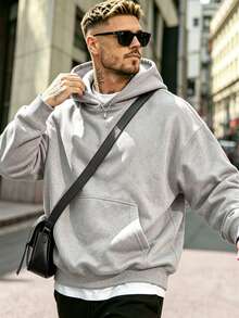 Men's Solid Color Drop Shoulder Long Sleeve Drawstring Pocket Casual Sweatshirt, Autumn/Winter, Back To School Sports - Light Grey - View 1