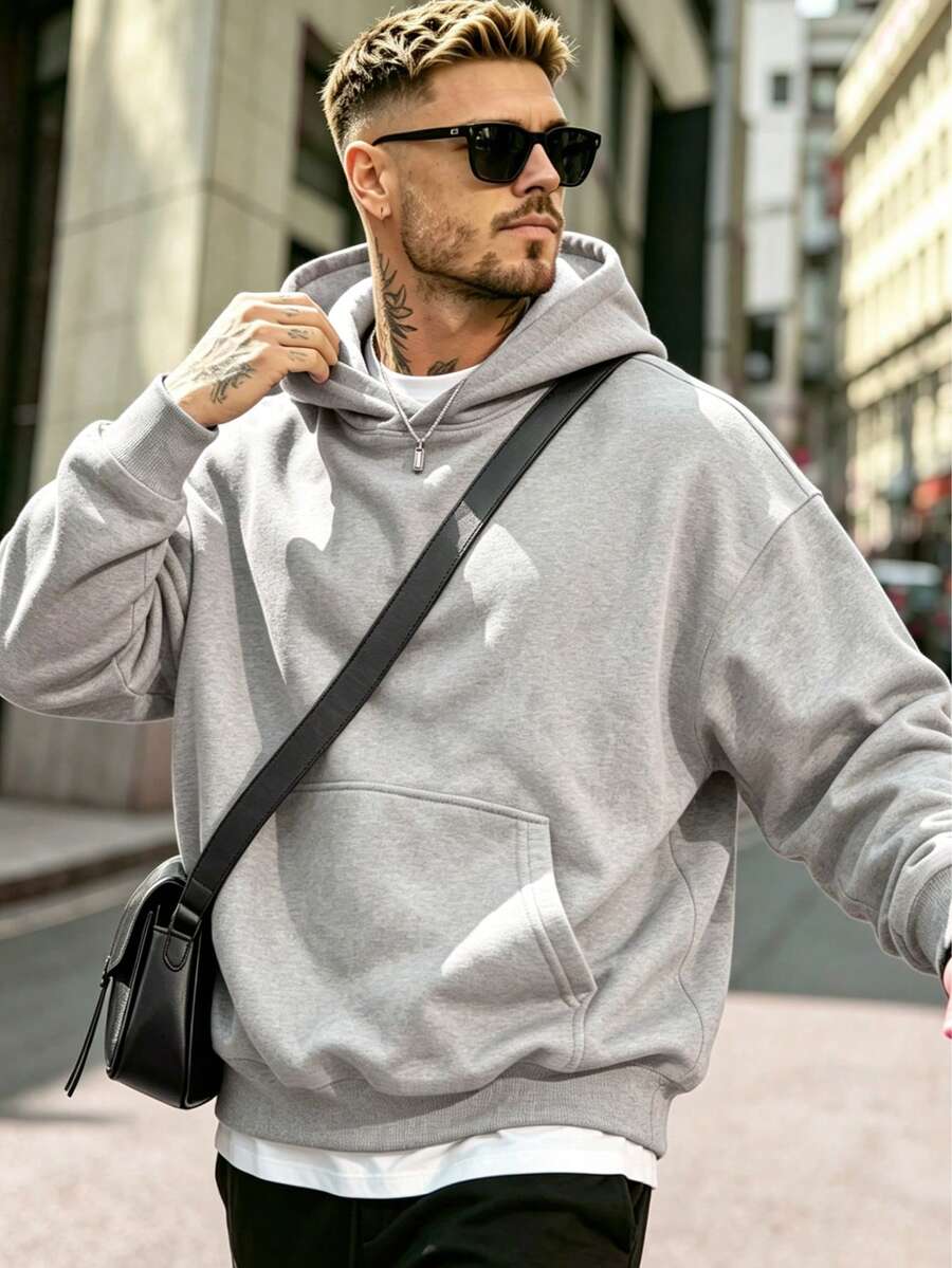 Men's Solid Color Drop Shoulder Long Sleeve Drawstring Pocket Casual Sweatshirt, Autumn/Winter, Back To School Sports - Light Grey - View 1
