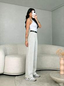 女款高腰修身寬腿褲｜波希米亞街頭風｜適合秋冬休閒、通勤辦公與度假（不含腰帶） - 白色 - 查看 6