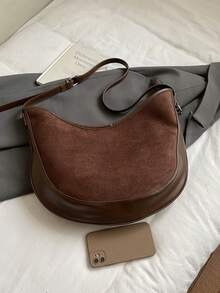 1pc Suede Patchwork Hobo Bag, Minimalist Commuter Versatile Shoulder Bag Crossbody Bag, Suitable For Women Shopping, Work Commuting, Daily Use - Multicolor - View 9