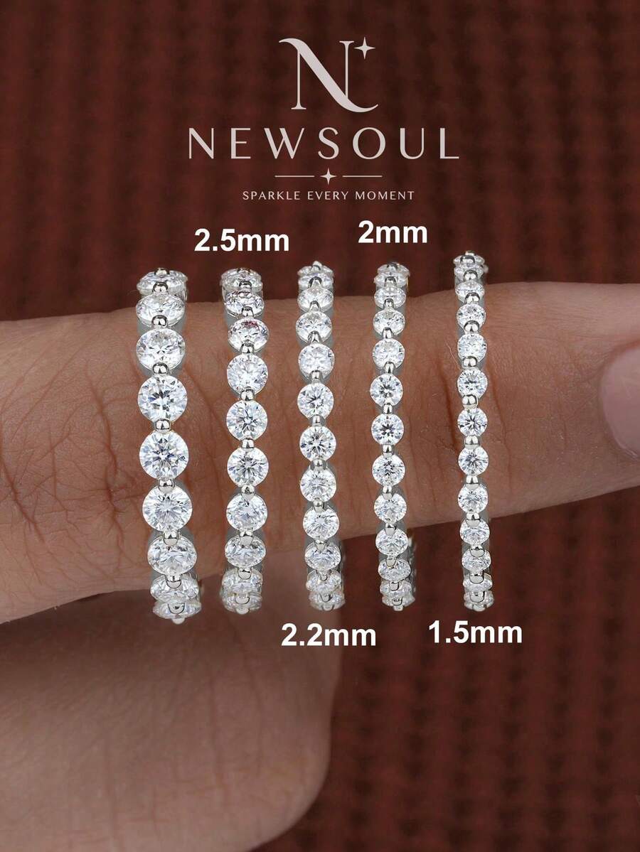 1 pieza Anillo de boda de plata de ley 925 con corte redondo de 1.5-2mm, anillo de media eternidad, con diamantes engastados a la mitad, apilable