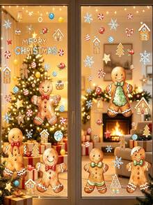 2/4pcs Christmas Gingerbread Man Window Decals, Removable Christmas Wall Stickers, Snowflake Candy House Stickers, "Merry Christmas" Window Decor, Suitable For Home Glass Doors, Holiday Parties, Reusable, Fit For Bedroom And Store Windows. - Multi-color - View 4