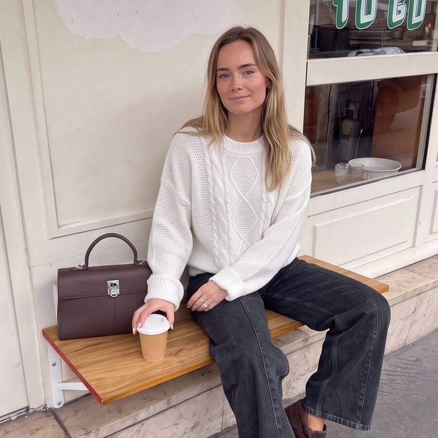 Women's Cable Knit Pullover Sweater, Autumn/Winter Long Sleeve Regular Fit Knit Sweater, Comfortable Textured Sweater - White - View 1