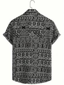 Men's Button-Down Shirt, Lightweight, Comfortable And Breathable, Pattern Print Casual Vacation Short Sleeve Shirt - Black - View 2
