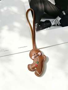 Vintage PU Leather Gingerbread Man Pendant, Handmade Stitched Blushing Little Man Keychain Bag Charm, Cute Christmas Decor Backpack Accessory, Niche Healing Style Girls Portable Pendant Gift - Multicolor - View 6