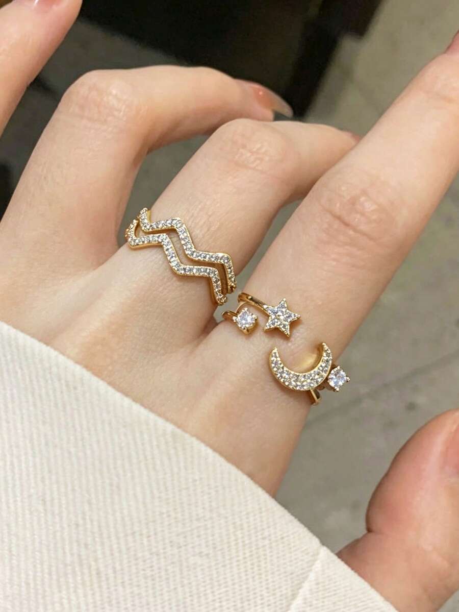 2件組銅金色優雅溫柔浪漫星月幾何雙層波浪時尚小眾高端百搭戒指,適合女性日常與節日穿戴 - 戒指兩件套 - 查看 1