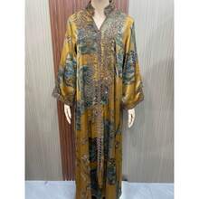 New Ramadan Women's Ramadan Rope Embroidery Print Craft Long Robe Light Luxury Elegant Stand Collar Abayas Dress - NC237 Yellow - View 6